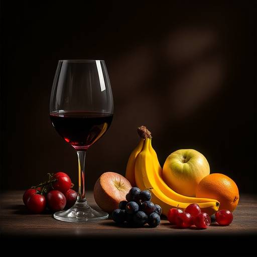 Ein elegantes Stillleben-Foto mit Obst und einem Weinglas, aufgenommen von Studentin Elena Schmid, demonstriert gekonntes Lichtspiel.