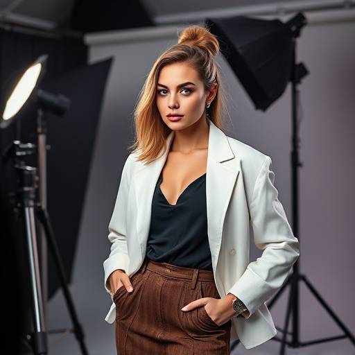 Ein stilvolles Modefoto, aufgenommen von Studentin Julia Baumann im Kurs Studiofotografie, demonstriert gekonntes Posing und Lichtsetzung.