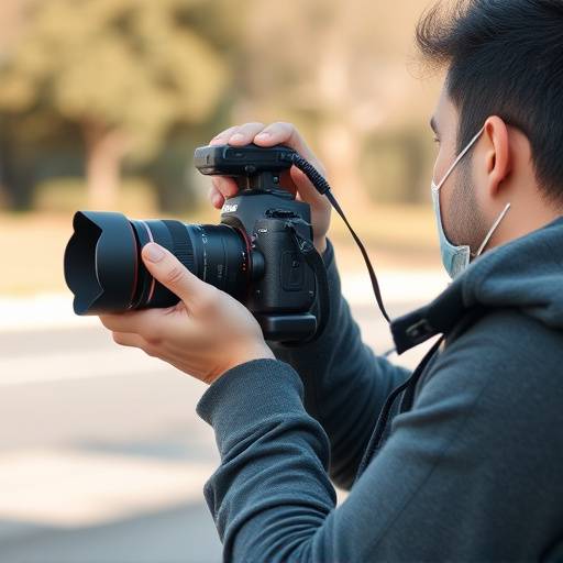 Professioneller Fotograf, der eine Kamera hält, während er im Freien arbeitet